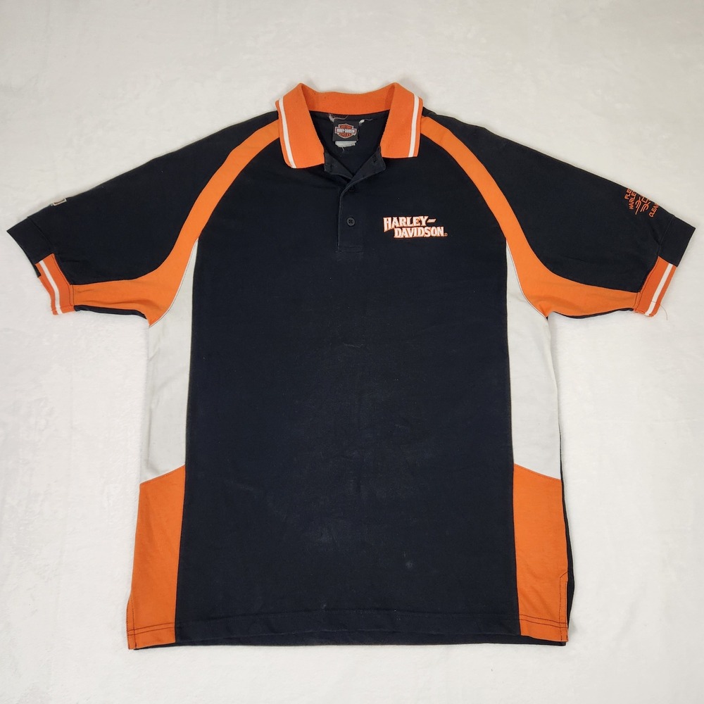Harley-Davidson Mens Polo Shirt Black Orange Colorblock Clearwater FL HE89 L